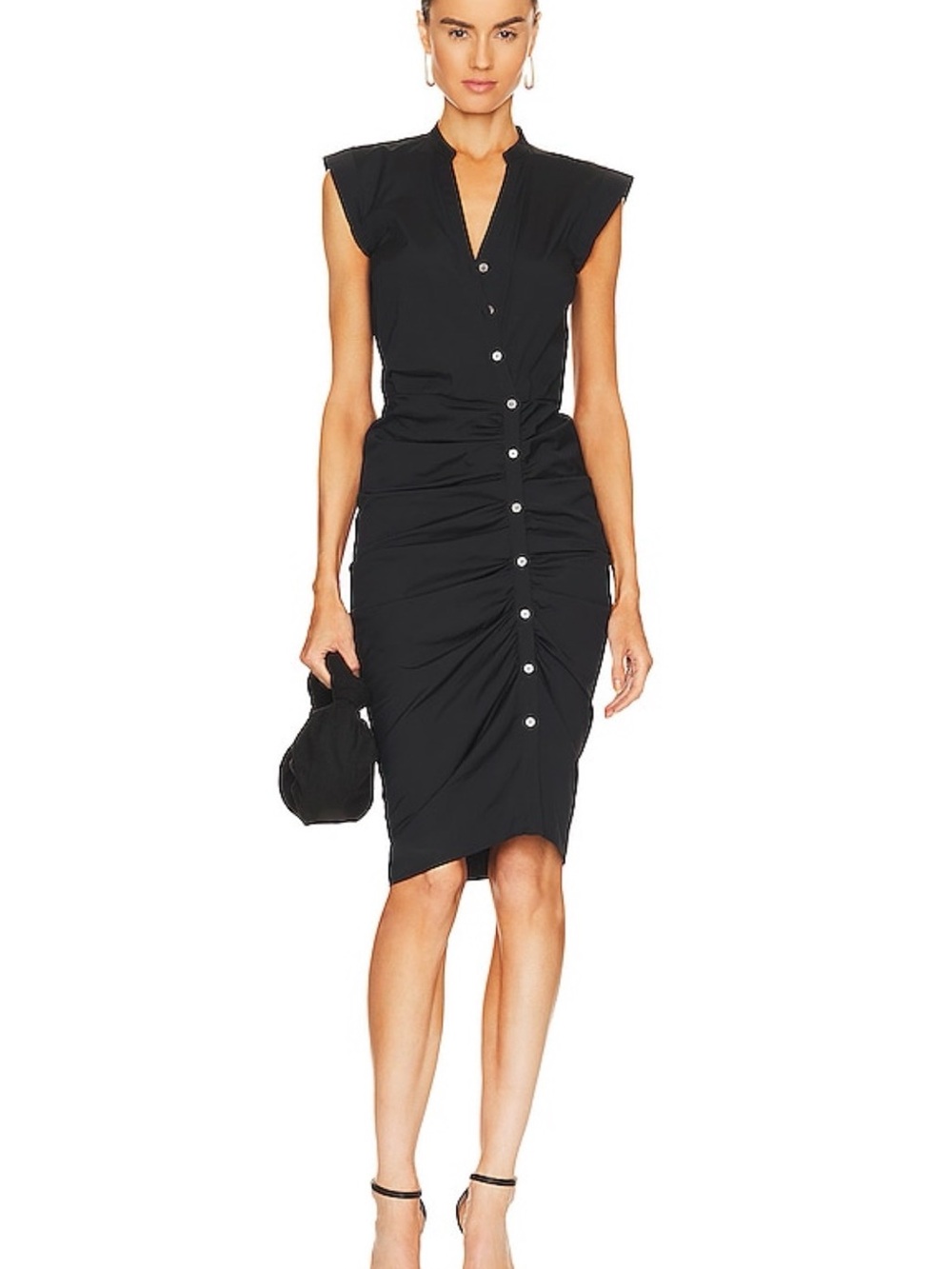 Veronica Beard Black Button-Front Ruched Midi Dress